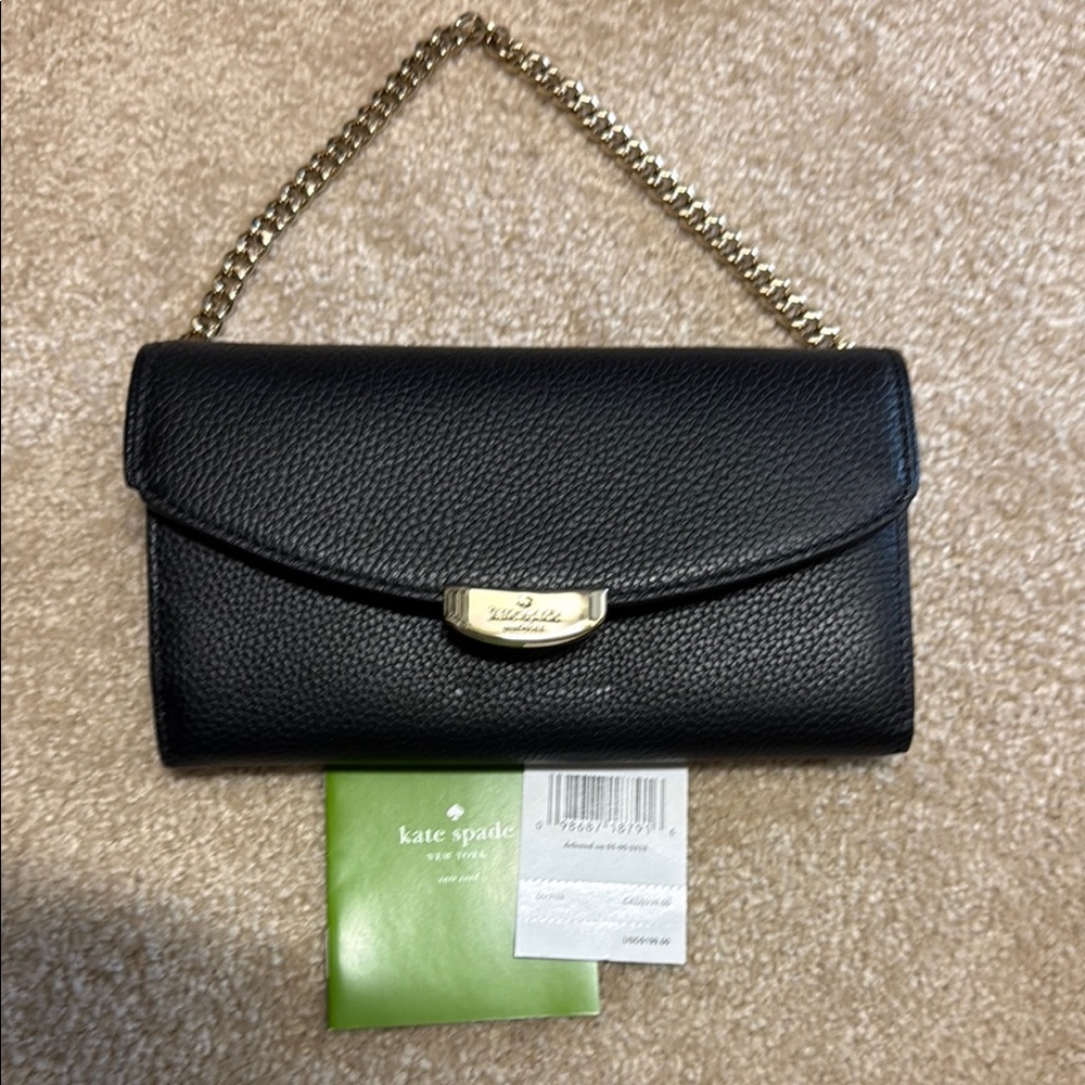NWT Leather Kate Spade Black Leather Chain Clutch